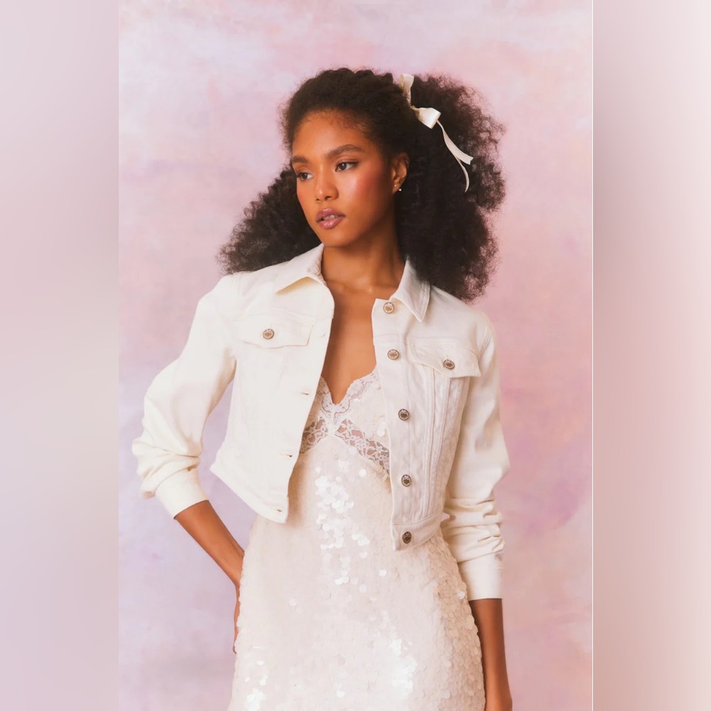 LoveShackFancy Paltro Cropped Corset White Denim Jacket, Metal Bow Buttons, XS